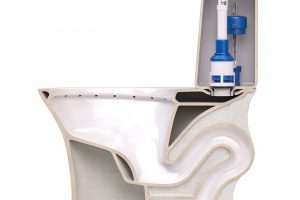 Cross section of toilet bowl. Structure of bowl and toilet tank. 3d illustration